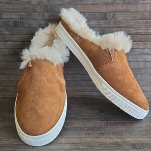 Lauren Ralph Lauren Tan Suede Faux-Fur Lined Slip-On Mules